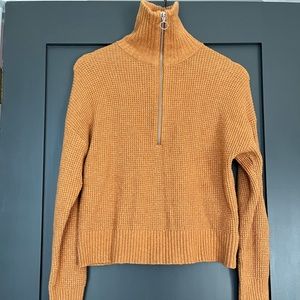 Mock neck half zip sweater. Waffle texture. Orange